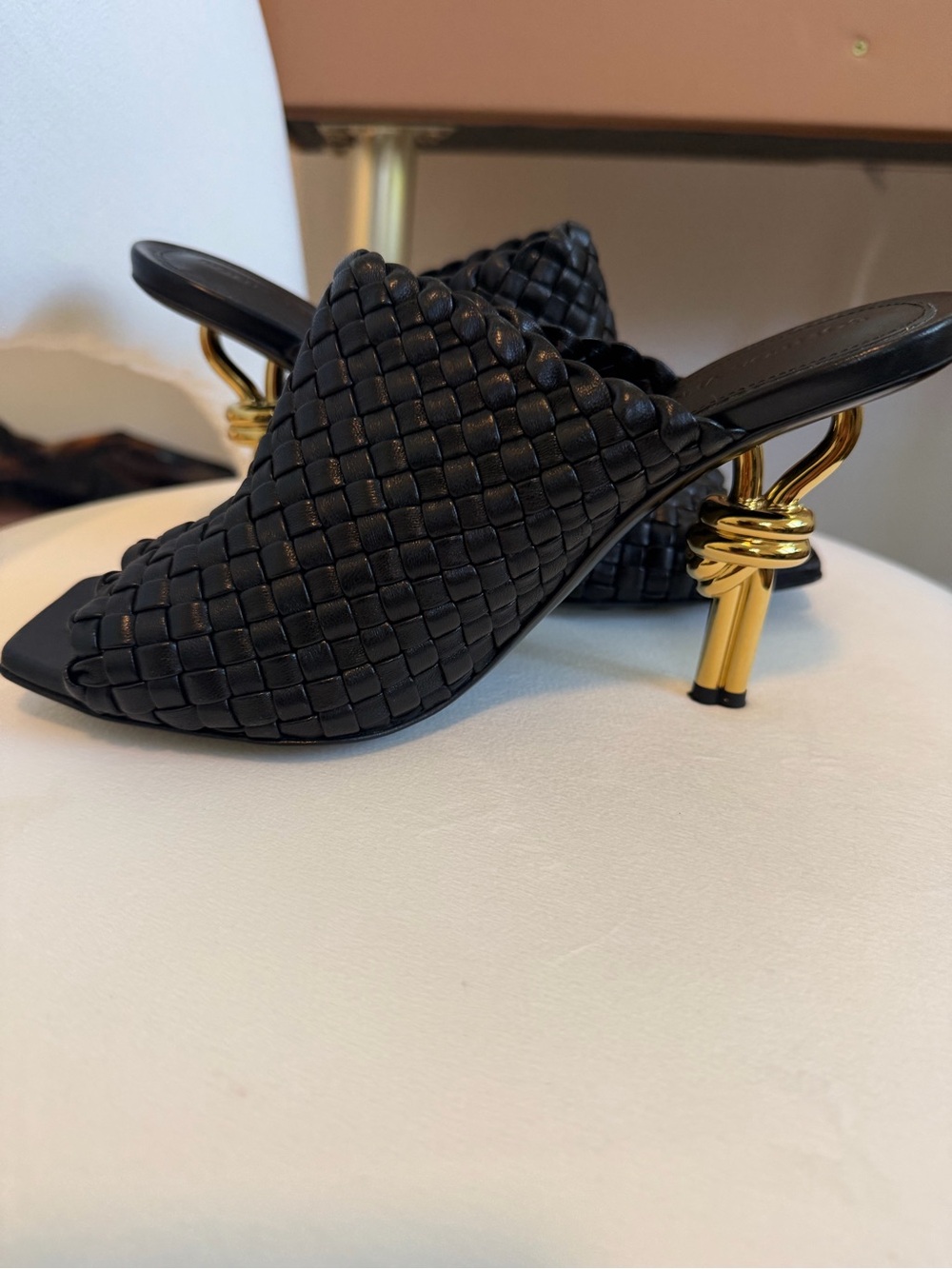 Bottega Veneta Black Intrecciato Leather Mules with Gold Knot Heel